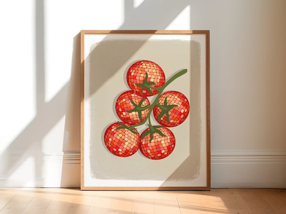 Disco Ball Tomato Art Print, Y2K Kitchen Poster