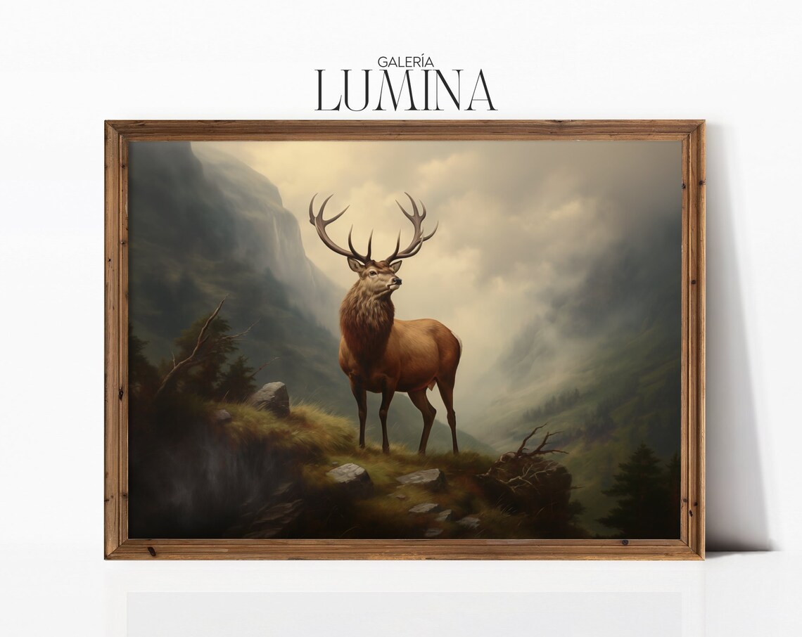Majestic Red Deer Stag Misty Mountain Highlands Painting Poster