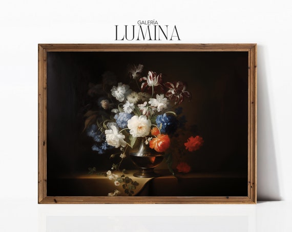 Colorful Flowers In Metal Vase Painting Antique Floral Still Life Painting Moody Oil Painting Vintage Art Frame Tv Art 006