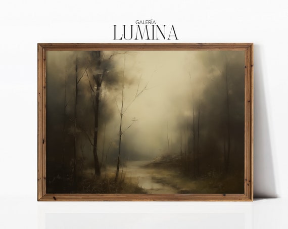 Misty Landscape Oil Painting Moody Foggy Forest Painting Antique Scenery Wall Art Muted Colors Print Art Frame Tv Art 337
