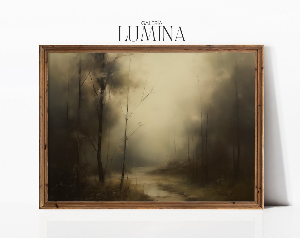 Misty Landscape Oil Painting Moody Foggy Forest Painting Antique Scenery Wall Art Muted Colors Print Art Frame Tv Art 337