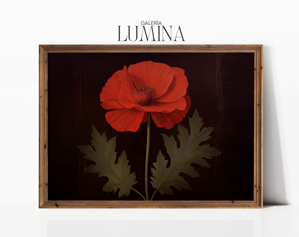 Moody Red Poppy Flower Oil Painting Dark Background Wall Art Botanical Wall Art Flower Art Print Art Frame Tv Art 217