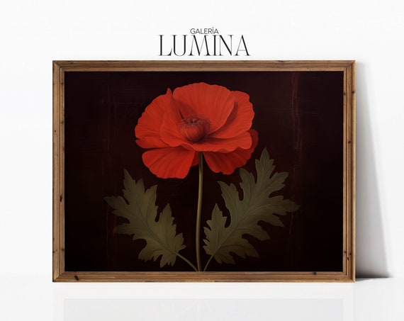 Moody Red Poppy Flower Oil Painting Dark Background Wall Art Botanical Wall Art Flower Art Print Art Frame Tv Art 217