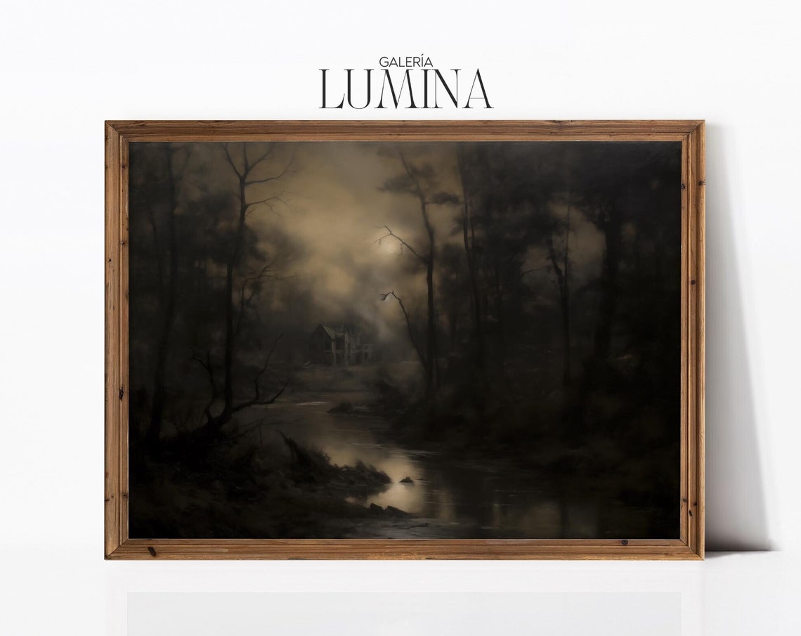 Dark Moody Midnight Forest Moonlight Landscape Oil Painting Poster