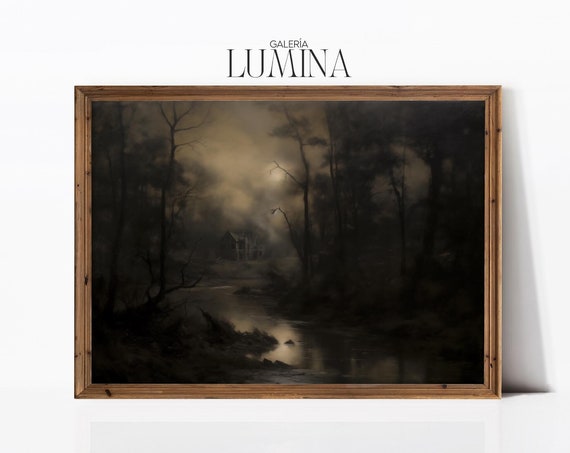 Dark Mysterious Midnight Landscape Oil Painting Moody Halloween Wall Art Antique Rustic Forest Art Art Frame Tv Art 462