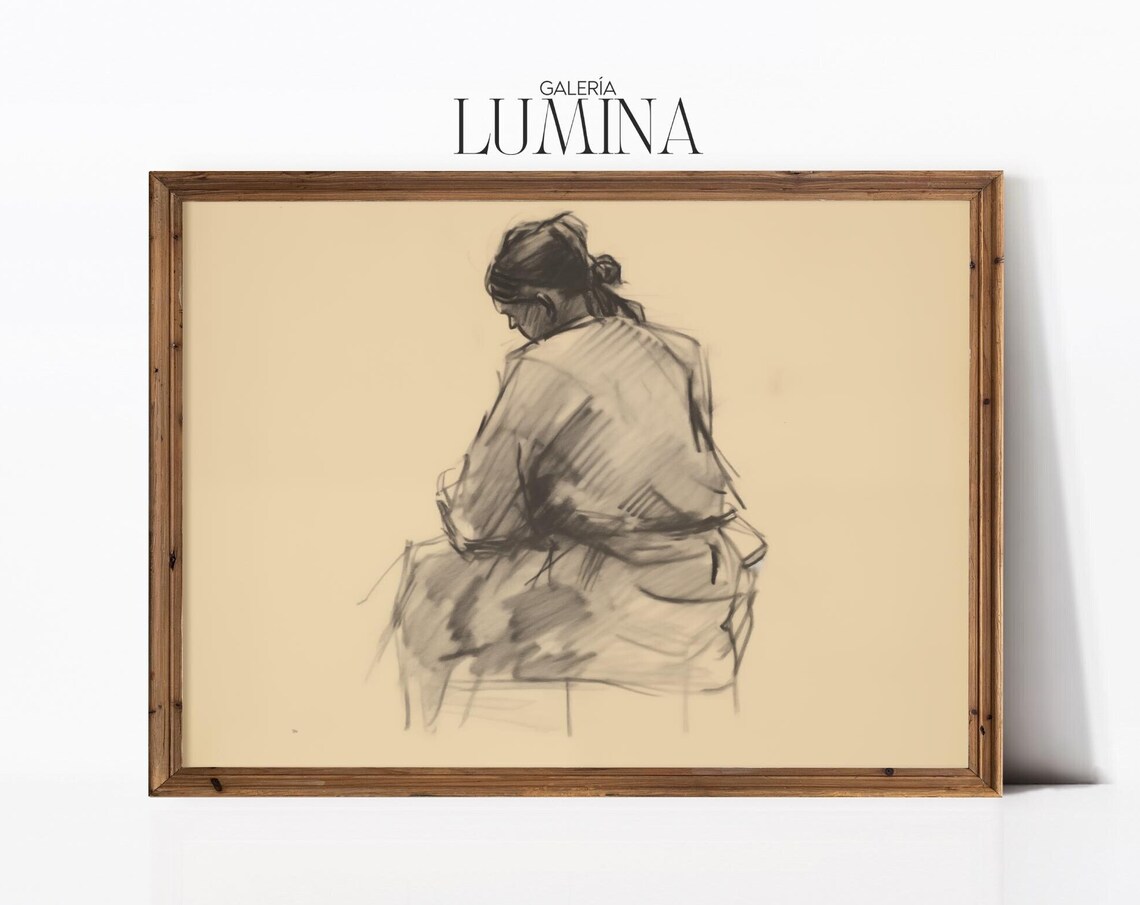 Seated Woman Figure Study Charcoal Sketch Neutral Minimalist Art Poster