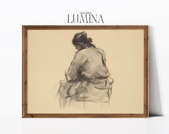 Seated Woman Figure Study Charcoal Sketch Neutral Minimalist Art Poster
