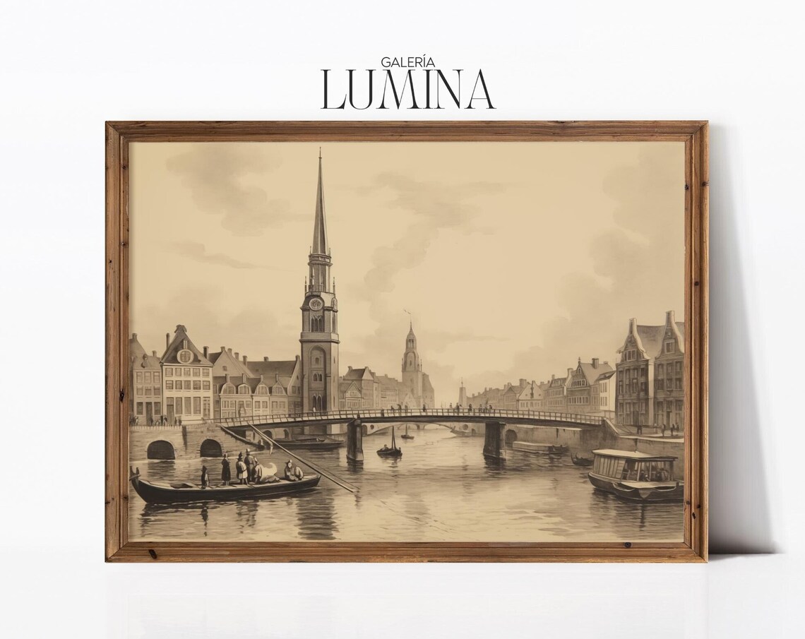 Hamburg Canal and Buildings, Vintage Engraving Art Print