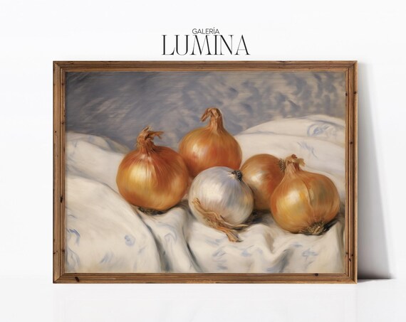 Onions Still Life Painting Rustic Cottage Kitchen Art Print Farmhouse Vegetable Still Life Painting Art Frame Tv Art 459