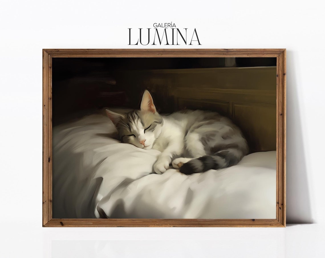 Sleeping Cat Original Oil Painting Antique Animal Painting Kitty Wall Art Moody Animal Cat Art Print Art Frame Tv Art 420
