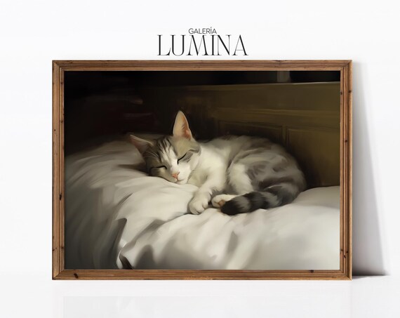 Sleeping White Cat on Bedding Vintage Dark Oil Painting Poster