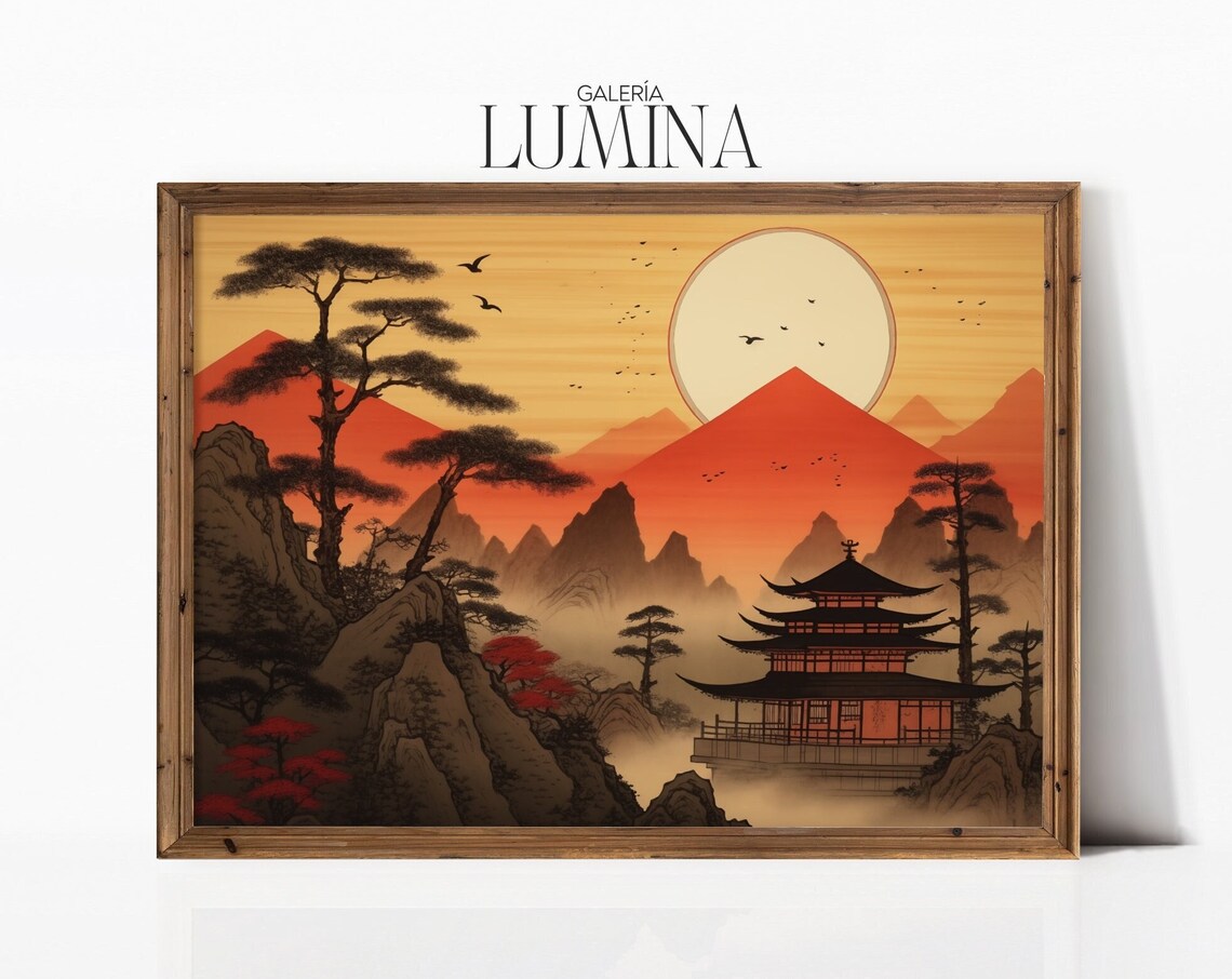 Japanese Woodblock Pagoda Temple Mountain Sunset Red Moon Poster