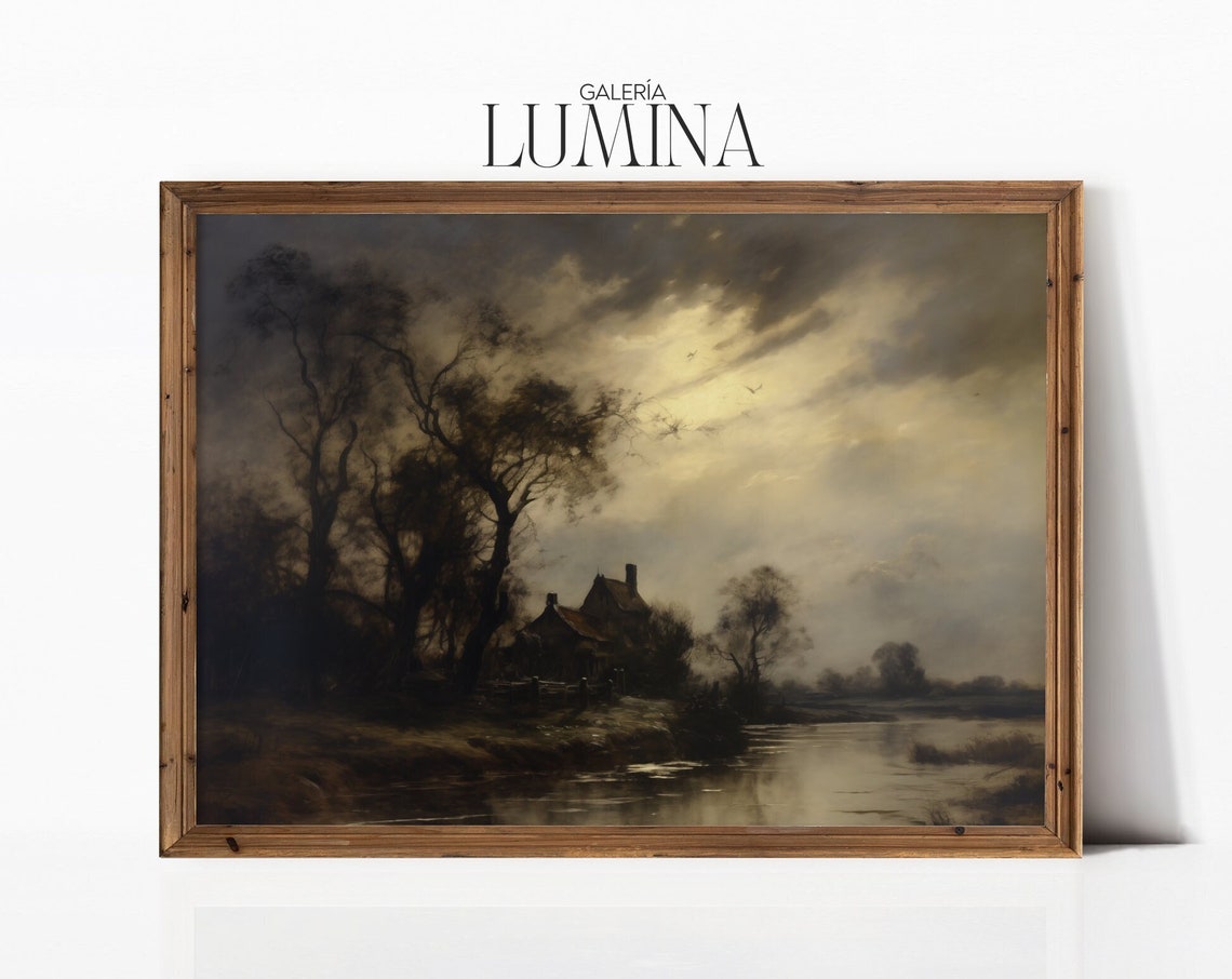 Vintage Moody Lake Landscape Painting Dark Sceney Oil Painting Rustic Print Antique Country Wall Art Art Frame Tv Art 176