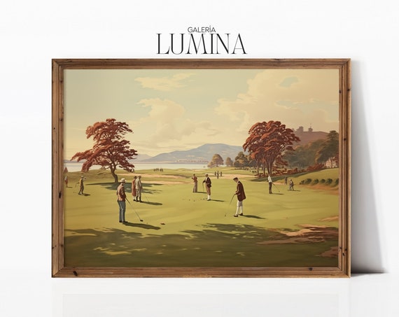 Vintage Gentlemen Playing Golf Painting Nature Landscape Print Golf Course Wall Art Golf Fan Gifts Art Frame Tv Art 148