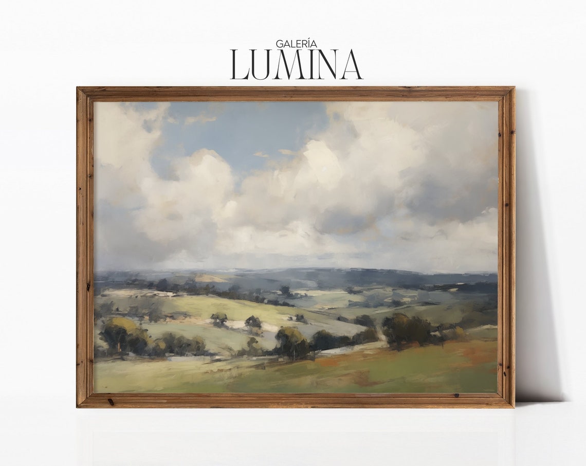 Summer Landscape Oil Painting Countryside Minimalist Landscape Print Rolling Hills And Cloudy Sky Art Art Frame Tv Art 192