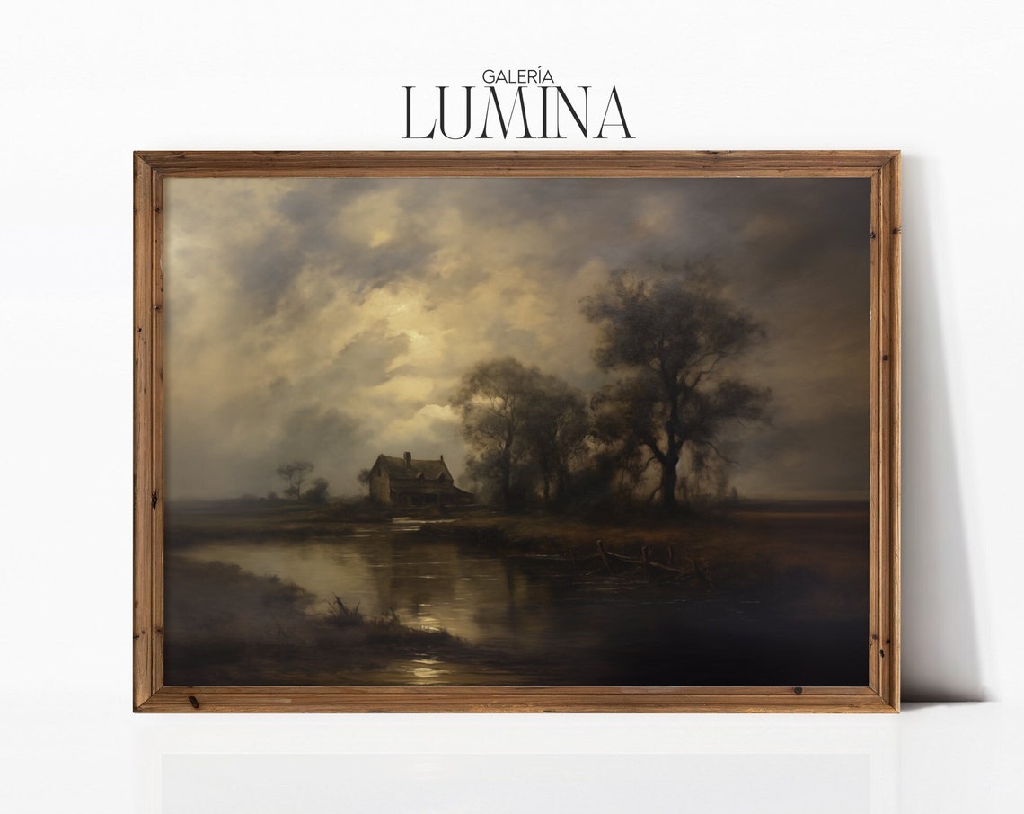 Vintage Moody Lake Landscape Painting Dark Scenery Oil Painting Rustic Print Antique Country Wall Art Art Frame Tv Art 177