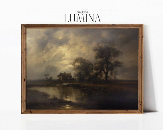 Vintage Moody Lake Landscape Painting Dark Scenery Oil Painting Rustic Print Antique Country Wall Art Art Frame Tv Art 177