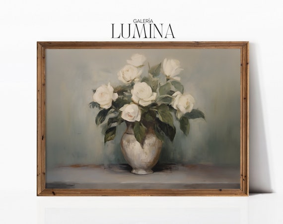Vintage White Roses In A Vase, Oil Painting Art Print