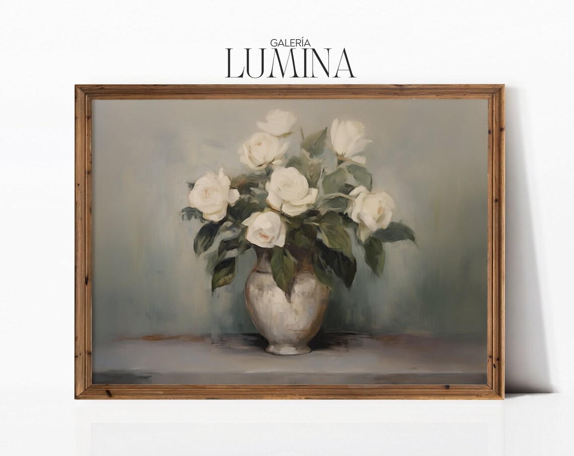 Vintage White Roses In A Vase, Oil Painting Art Print