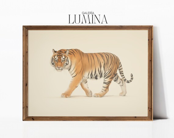 Pacing Tiger Illustration Orange Stripes Neutral Wildlife Art Poster