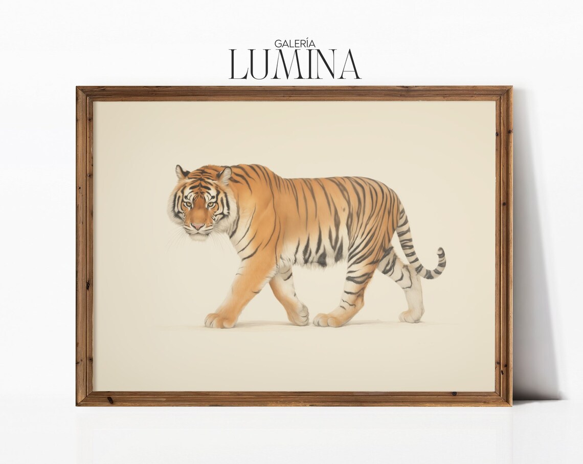 Pacing Tiger Illustration Orange Stripes Neutral Wildlife Art Poster