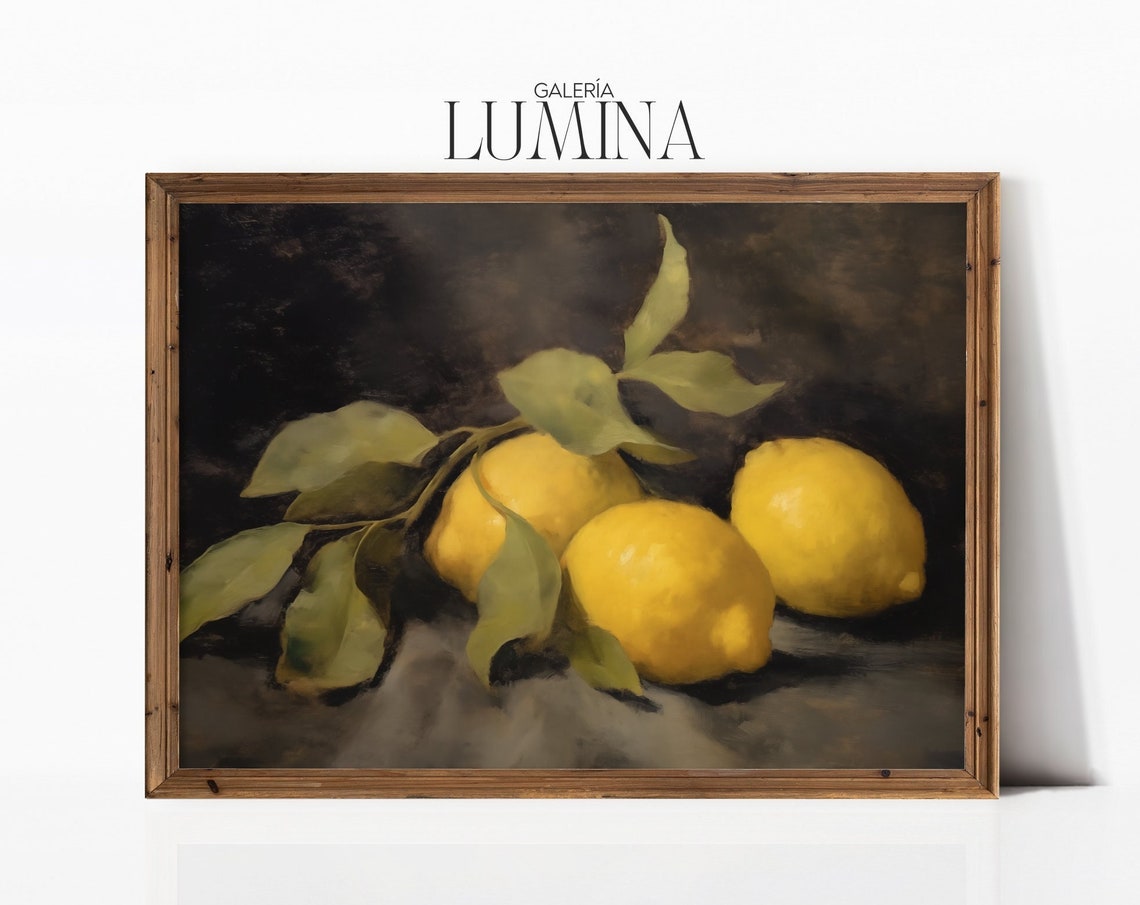 Moody Lemon Oil Painting Vintage Citrus Still Life Painting Dark Fruit Wall Art French Country Decor Art Frame Tv Art 253