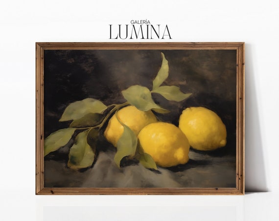 Moody Lemon Oil Painting Vintage Citrus Still Life Painting Dark Fruit Wall Art French Country Decor Art Frame Tv Art 253