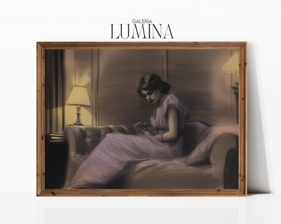 Woman in Purple Dress Reading on Chaise Vintage Drawing Poster