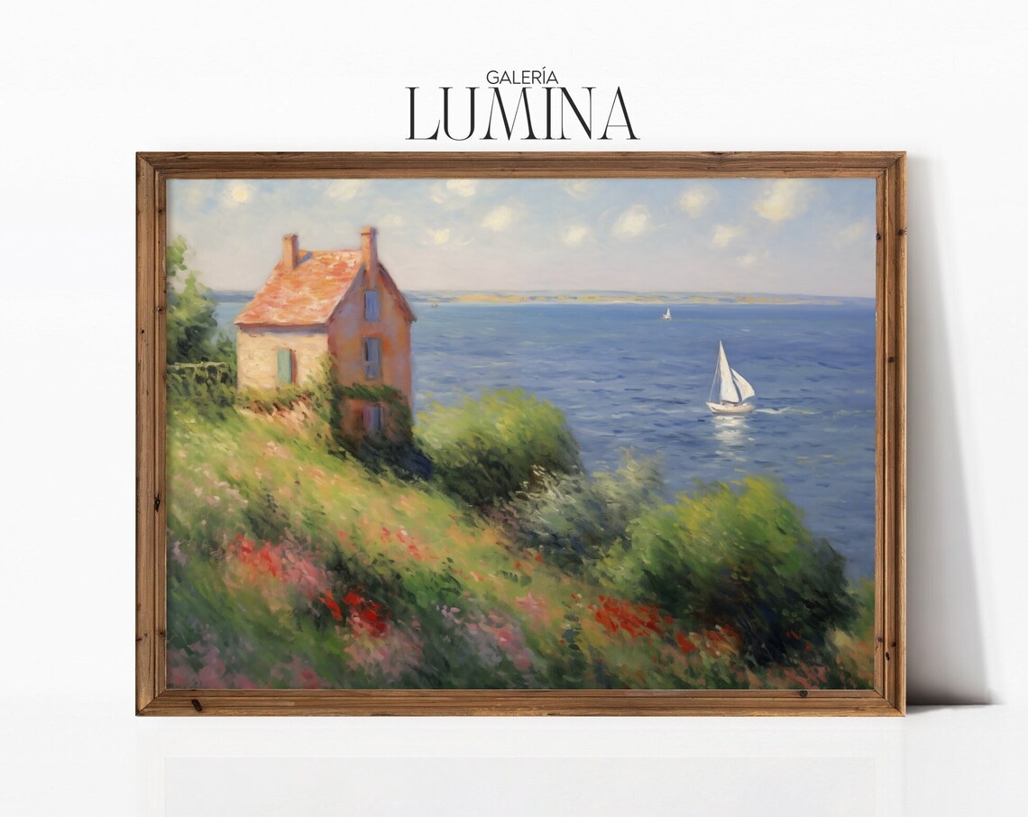Impressionist Coastal Cliff Cottage Blue Sea Wildflowers Poster