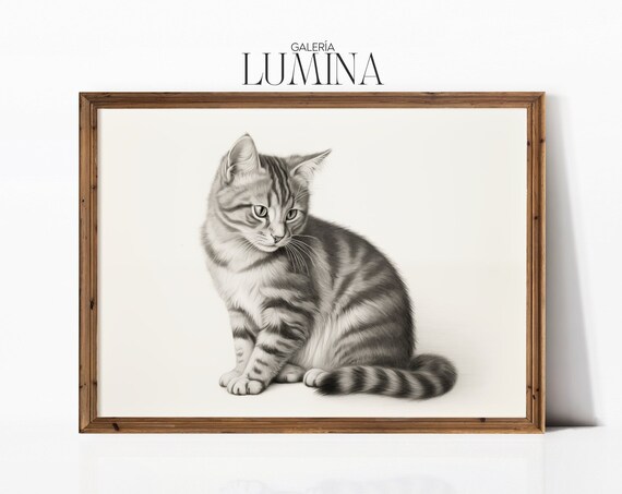 Vintage Tabby Cat Pencil Sketch Animal Portrait Poster for Cat Lovers