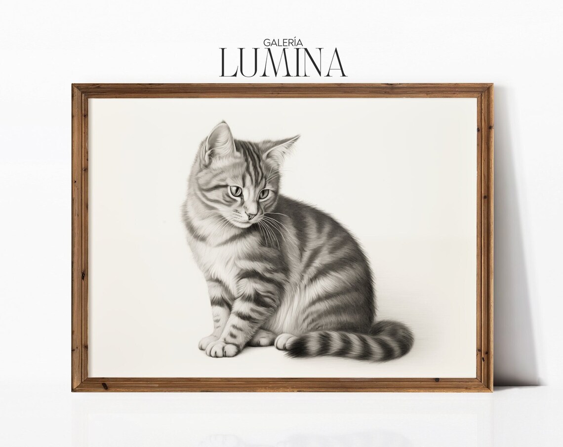 Vintage Tabby Cat Pencil Sketch Animal Portrait Poster for Cat Lovers