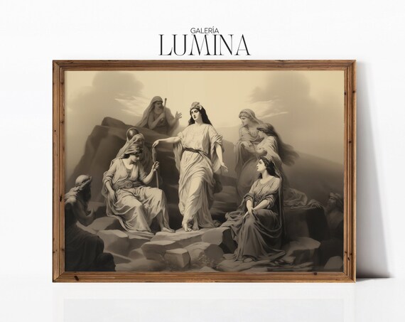 Classical Biblical Women On Rocky Hillside Antique Engraving Poster