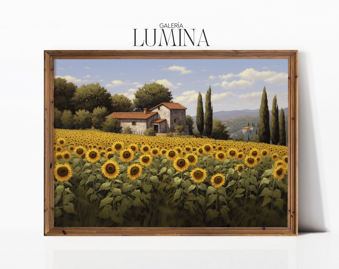 Tuscan Sunflower Field Stone Farmhouse Cypress Trees Oil Poster