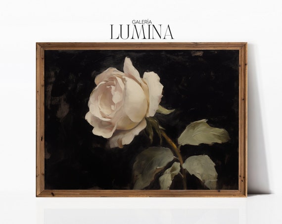 Vintage Moody White Rose Oil Painting Floral Still Life Painting Single Rose Painting Botanical Print Art Frame Tv Art 320