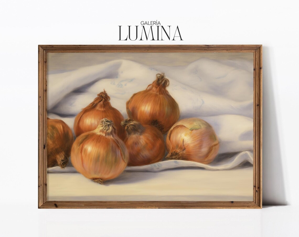 Onions Still Life Painting Rustic Cottage Kitchen Art Print Farmhouse Vegetable Still Life Painting Art Frame Tv Art 458