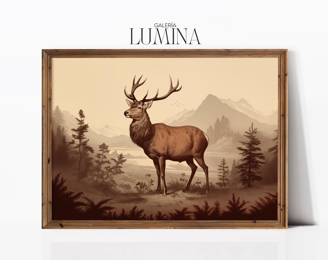 Stag Illustration Sepia Deer In Mountain Landscape Wildlife Art Poster