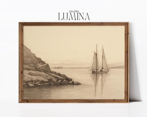 Vintage Sailboat Pencil Drawing Antique Muted Nautical Drawing Lake House Coastal Sailing Boat Print Art Frame Tv Art 453