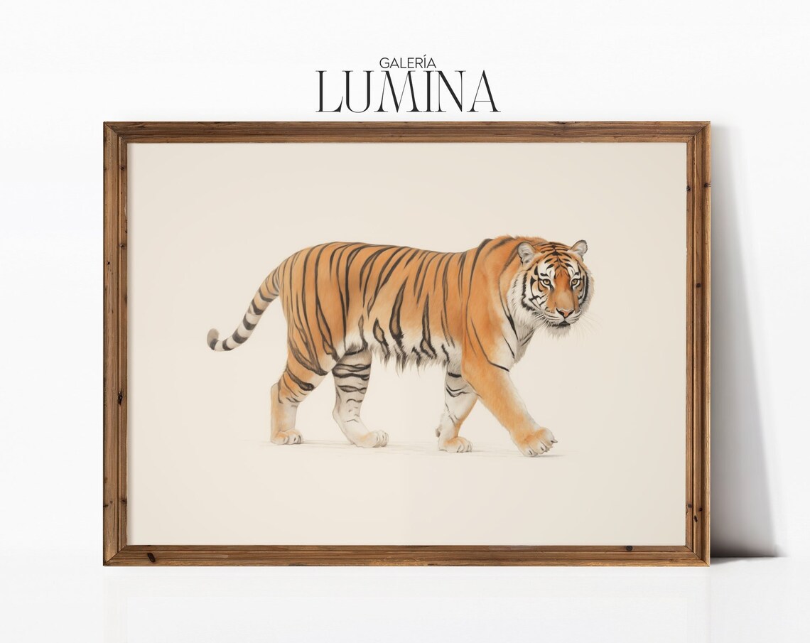 Walking Tiger Colored Pencil Drawing Neutral Cream Tiger Poster