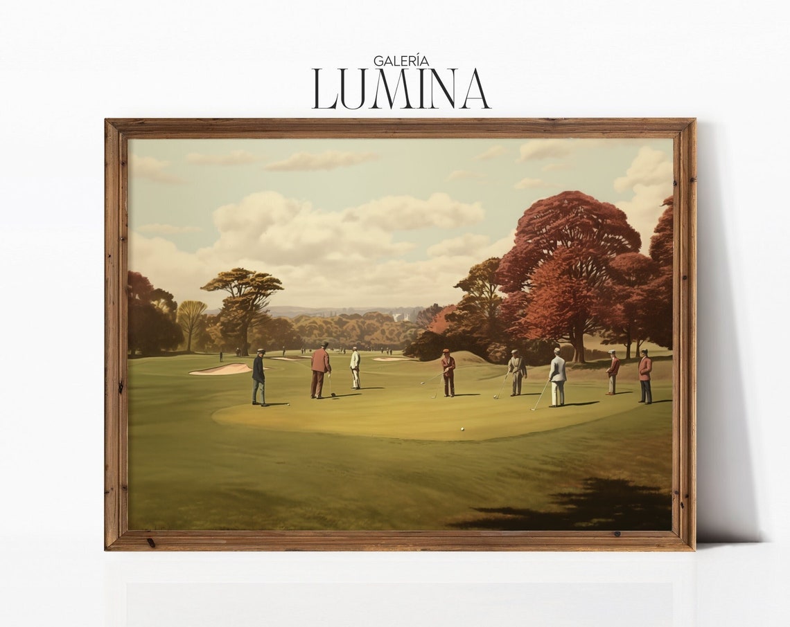Vintage Gentlemen Playing Golf Painting Nature Landscape Print Golf Course Wall Art Golf Fan Gifts Art Frame Tv Art 147