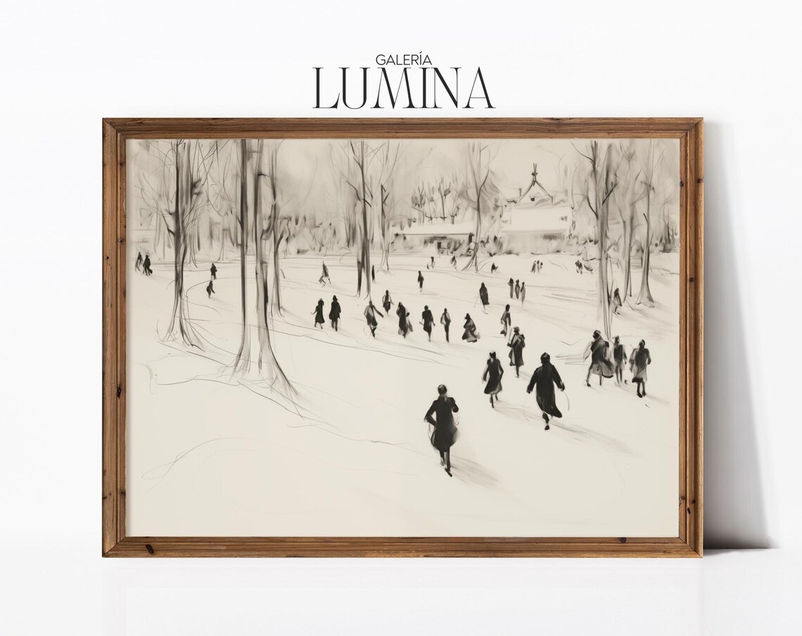 Ice Skaters in a Snowy Park Pencil Sketch Winter Scene Wall Art