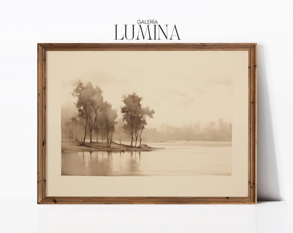 Sepia Tone River Trees Pencil Drawing Muted Color Minimalist Landscape Drawing Framed Tree Art Print Art Frame Tv Art 396