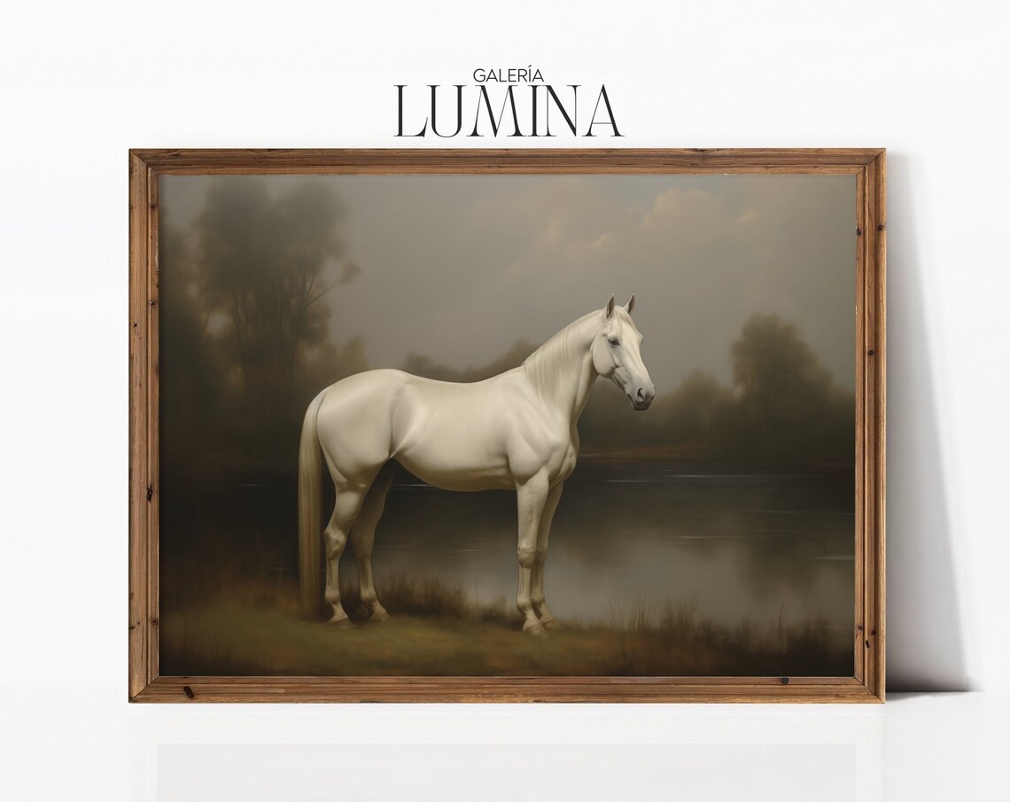 Antique White Horse Oil Painting, Rustic Farmhouse Art Print