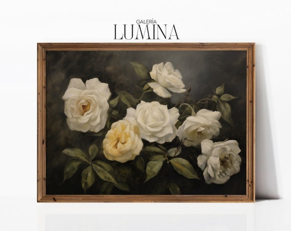 White Roses Oil Painting, Vintage Botanical Art Print