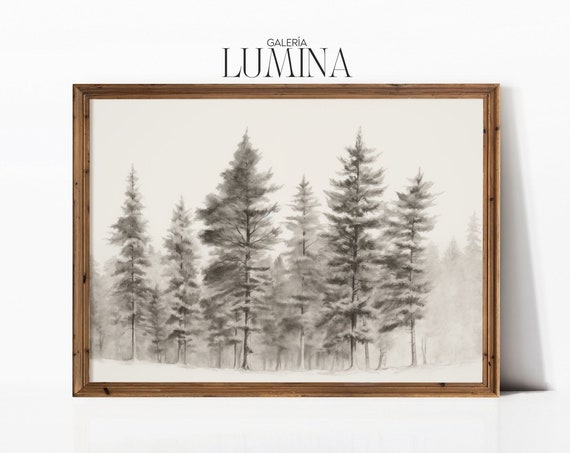 Antique Pine Tree Forest Sketch Neutral Winter Sketch Pine Trees Pencil Drawing Forest Landscape Art Art Frame Tv Art 350