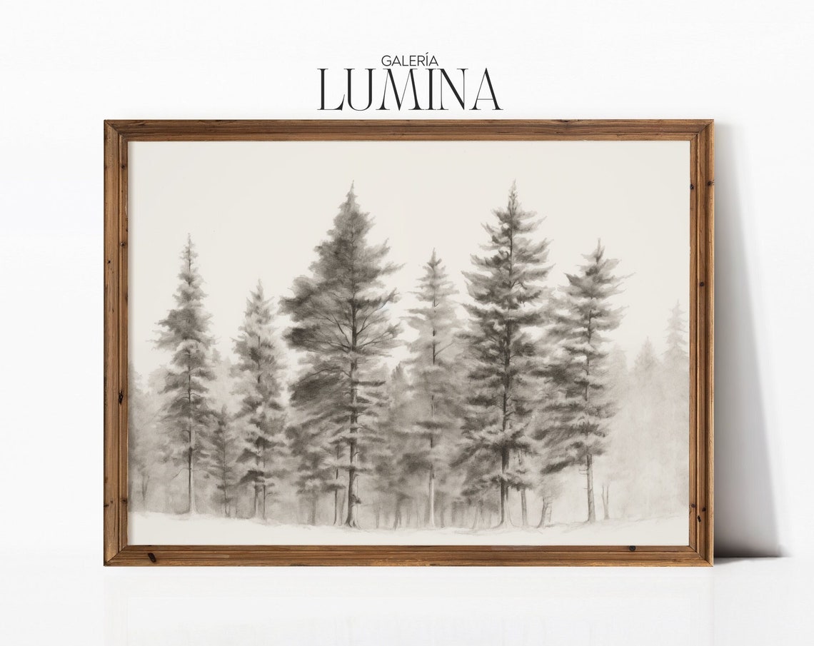 Antique Pine Tree Forest Sketch Neutral Winter Sketch Pine Trees Pencil Drawing Forest Landscape Art Art Frame Tv Art 350
