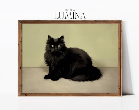 Fluffy Black Cat with Green Eyes Original Painting Portrait Poster