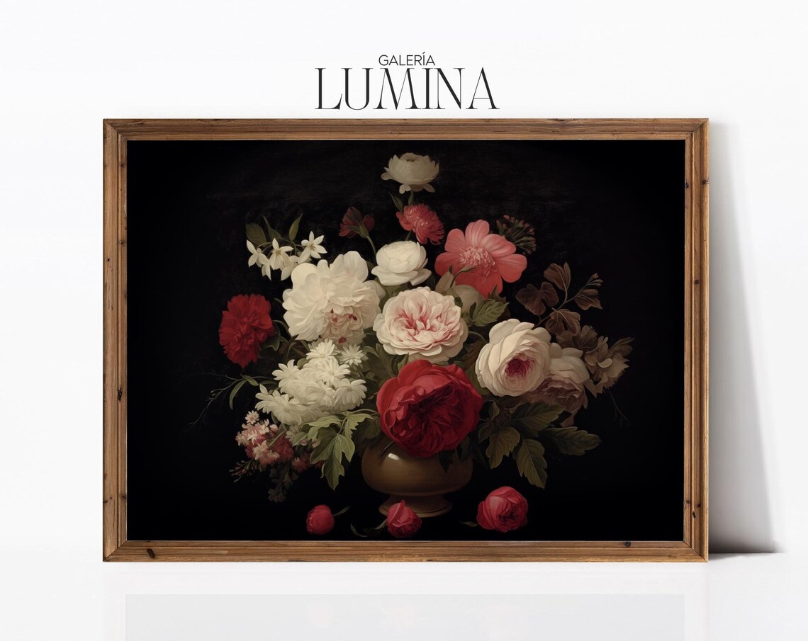 Antique Bouquet Of Roses And Peonies In Vase Dark Floral Poster