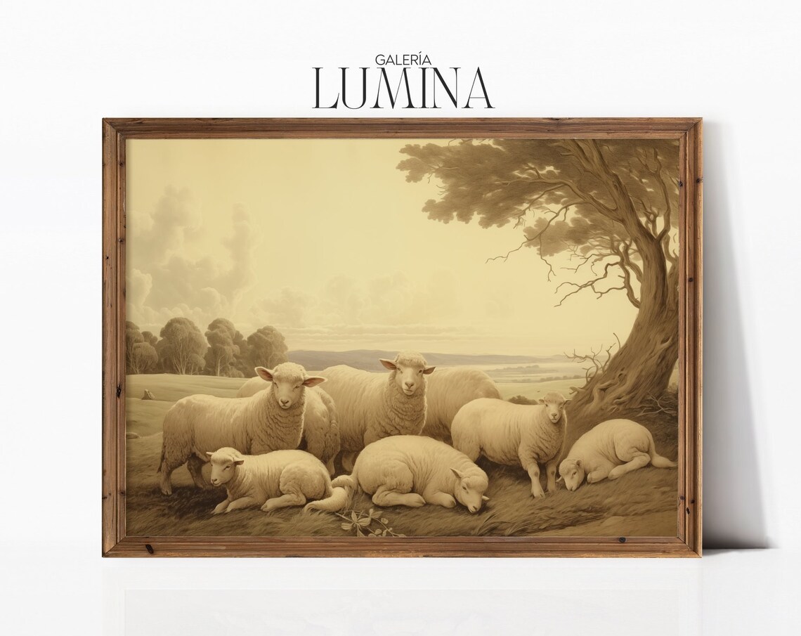 Sheep and Lambs Countryside Rustic Landscape Art Print