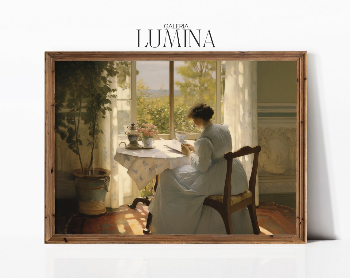 Sunlit Woman Reading a Letter by the Window Impressionist Art Poster