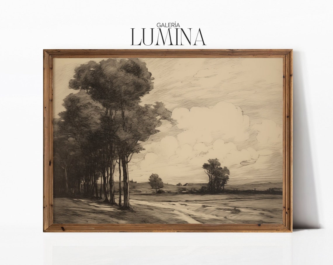 English Countryside And Trees Etching Moody Landscape Drawing Dark Scenery Wall Art Woodblock Print Art Frame Tv Art 168